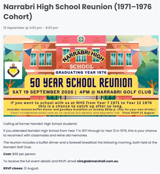 Narrabri High School Reunion (1971-1976 Cohort)